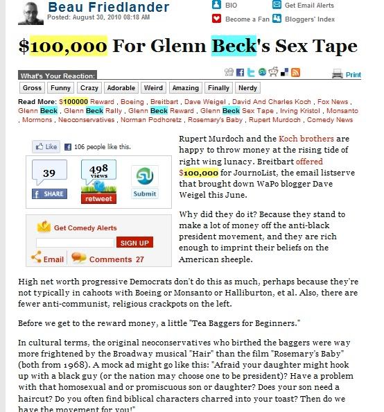 Huffington Post  &quot;$100,00.00 For Glenn Beck's Sex Tape&quot;  pulled article