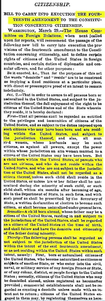 Nework Times  March  29, 1874  House Foreign Rel citizens pg1, 1874 House Foreign Relations Committee  Bill pertaining to Citizenship under the 14th Amendment.