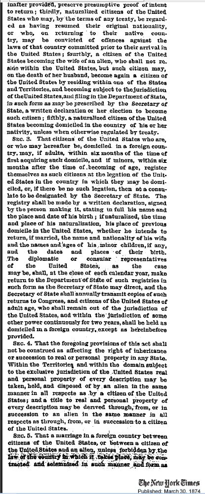 New York  Times House Foreign Relations Committee March,  29, 1874, 1874 House Foreign Relations Committee  Bill pertaining to Citizenship under the 14th Amendment. Newyork Times reported 30th March , 1874   Page 2 of 2