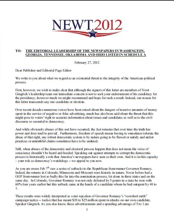 Newt Gingrich Letter to Editor pg 1 of 9