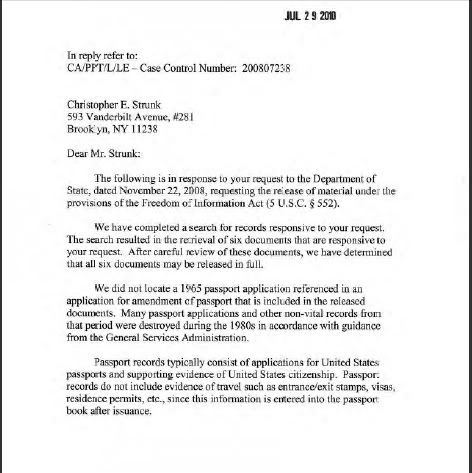 State Dept FOIA request court ordered letter