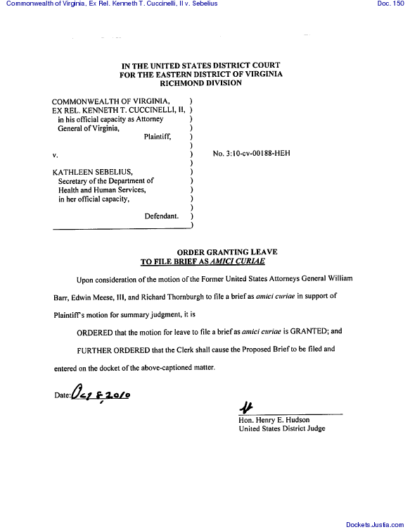 Order granting leave for the  Amicus -  Judge Hudson