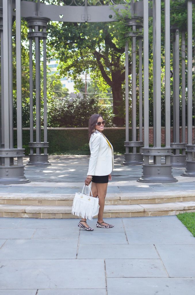 Nothing Haunts Us Like the Things We Don't Buy! dallas blogger, blogger, fashion blogger, dallas fashion blogger, black girl blogger, spring fashion, layer fashion, statement necklace, leopard print shoe, fringe trend, fringe handbag, DVF Sunglasses, x ring sole society, shorts with blazer, arm party, arm stack, detroit fashion blogger
