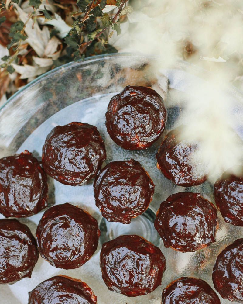 skinny dessert Pumpkin Muffins with Chocolate Peanut Butter Glaze Recipe // Home is with You