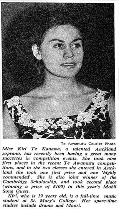 excerpt from TE Ao Hou - The New World - about Kiri Te Kanawa winning the Te Awamutu competition aged 19 in 1963 - click to read transcript