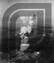 photo of the mushroom cloud over Hiroshima, taken by an aircraft codnamed Necessary Evil, with one of the logos of abortion provider International Planned Parenthood Federation superimposed