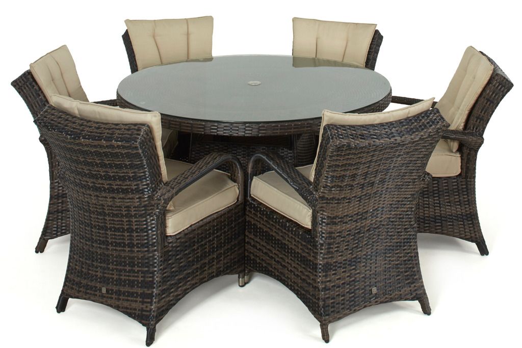 Bentley Rattan Outdoor Garden Furniture 6 Seater Brown Round Table Set