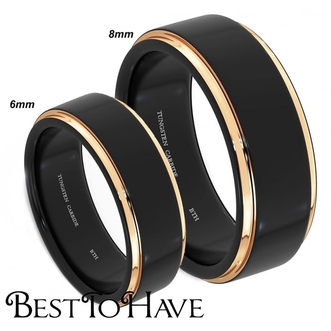 His And Hers Black Tungsten Carbide With Rose  Gold  Wedding  